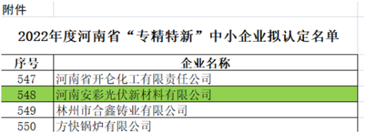 祝賀！光伏新材料通過河南省“專精特新”中小企業(yè)認定